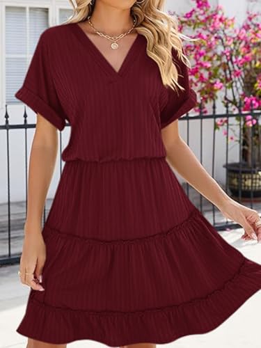 Image of PerZeal Women's Casual V Neck Short Sleeve Tiered Dress Ruffle Hem A-Line Flowy Swing Midi Dresses