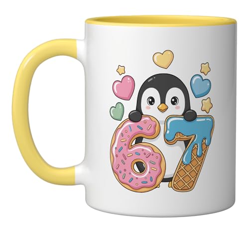 67 Penguin Ice Cream Drip Cool Meme 6 7 Funny Six Seven Ceramic Mug, Yellow/White