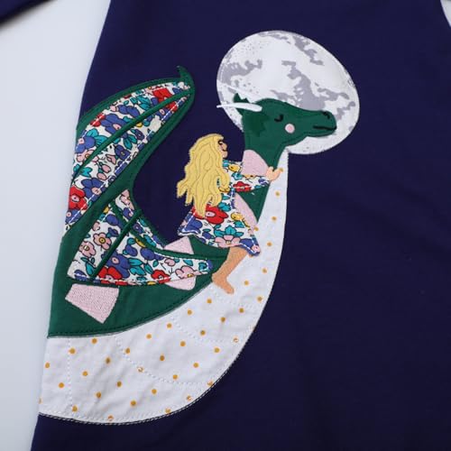 Image of Girls Cotton Long Sleeve Casual Cartoon Appliques Striped Jersey Dresses