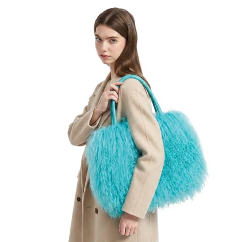 Image of Women Luxury Real Lamb /Mongolian Flush Wool Fur With Genuine Leather Handles Handbag