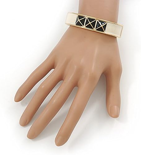 Avalaya White Enamel, Black Square Pyramid Stud Hinged Bangle Bracelet In Gold Plating - 19cm L, black, white / ivory, gold - Image 4