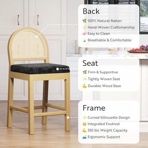 Image of STHOUYN Rattan Bar Stools Set of 2, Wooden Counter Height Stools with Natural Rattan Woven Back and Chenille Seat, Mid-Century Modern Island Chairs Barstools for Kitchen (2, Black)