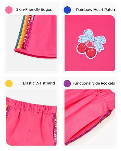 Image of WELAKEN Girls 2 Piece Outfit Kid Toddler Heart & Rainbow Sequin Striped T-shirt and Shorts Clothing Set