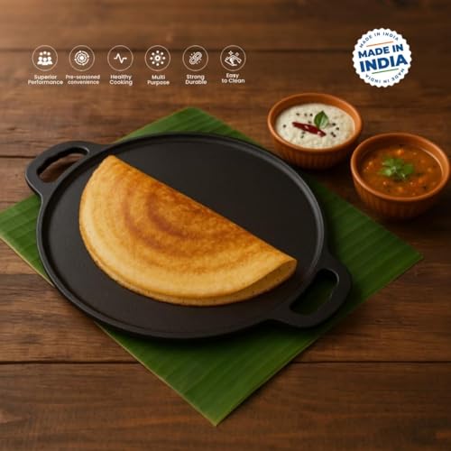 Image of Cast Iron Dosa Tawa 12 Inch (30 cm) | Pre-Seasoned Non-Stick Tawa Without Chemical Coating | Gas & Induction Compatible | for Dosa, Chapati, Roti, Uthappam | Black, 2.5 kg
