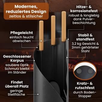BLACK OAK Kaminbesteck Vail, 4-teilig, Metall Anthrazit mit Holzgriffen, 62 x 21 cm, Besen, Schaufel, Schürhaken und Ständer