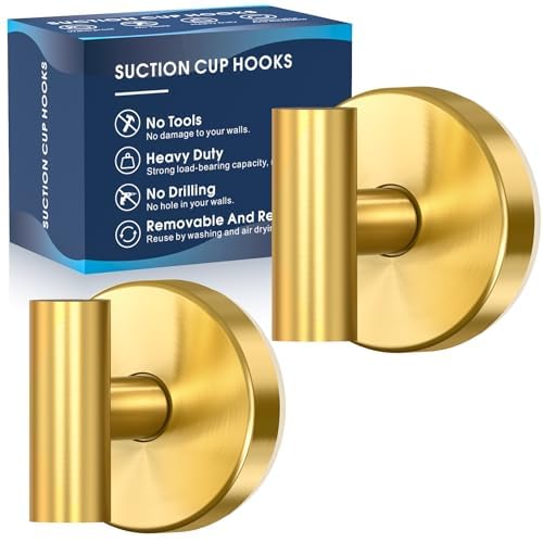 MOTAIPEAK Suction Cup Hooks for Shower,Heavy Duty Shower Hooks for Inside Shower,No Drill Wall Mounted Towel Hooks for Bathrooms Wall,Kitchen,Glass,Mirror,Tile to Hang Towels,Robes,Coat-Gold(2 Pack)