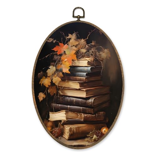 LKETW Vintage Moody Fall Book Oval Wall Art Decor, Book