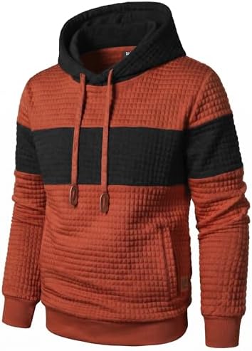 Qichic Men’s Sweatshirts Long Sleeve Pullover Patchwork Plaid Jacquard Hoodie Casual Drawstring Hoody Top