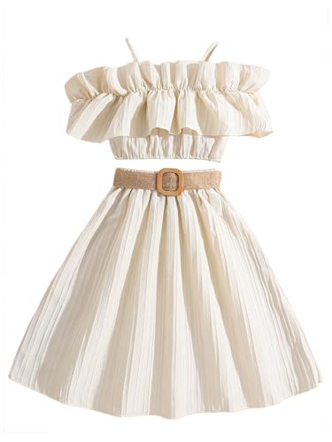 Image of Girl's Ruffle Trim Two Piece Off Shoulder Cami & Pleated Mini Skirts Outfits Set With Belt Apricot 9Y