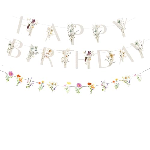 TENNYCHAOR Wildflower Happy Birthday Banner, 2 Piece Garden Party Decoration Set, Floral Spring Summer Birthday Baby Shower Decorations for Women Girls, Farmhouse Market Theme Party Supplies.