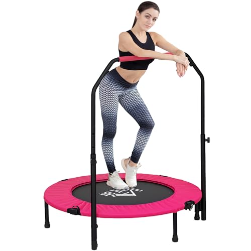 HOMCOM 40" Foldable Mini Trampoline Fitness Trampoline Rebounder for Adults with Adjustable Foam Handle, for Indoors, Outdoors, Cardio Training, 150kg Weight Capacity, Pink