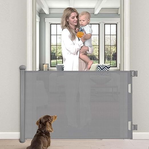 Retractable Baby Gate, Extra-Wide Safety Gate for Babies and Pets, Punching Installation, Adjustable Kids Safety Barrier for Kitchen, Stairs, Indoor & Outdoor (Grey, 70.9"x34)