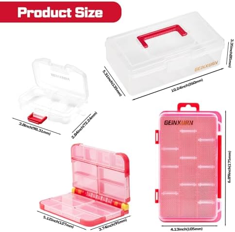 Geinxurn Fishing Tackle Box Set, Portable Plastic Red Storage Carry Case with 6 Removable Small Organizer Boxes for Lures Hooks Baits & Fishing Accessories