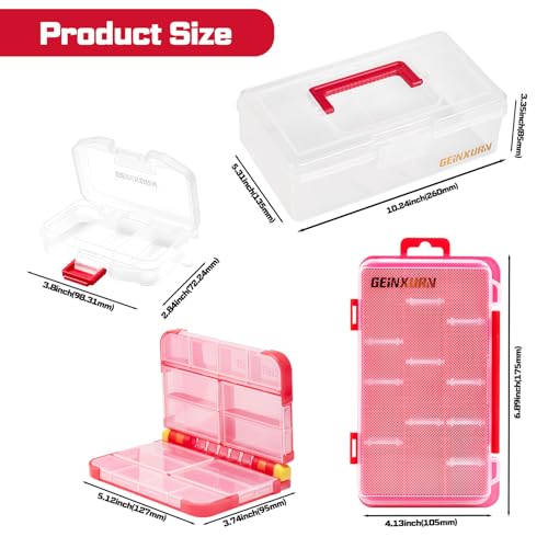 Geinxurn Fishing Tackle Box Set, Portable Plastic Red Storage Carry Case with 6 Removable Small Organizer Boxes for Lures Hooks Baits & Fishing Accessories