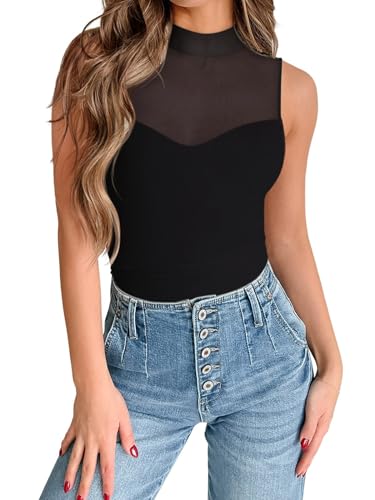 PINKMSTYLE Womens Mock Turtle Neck Sleeveless Mesh Bodysuit Going Out Tops Summer Tank Tops