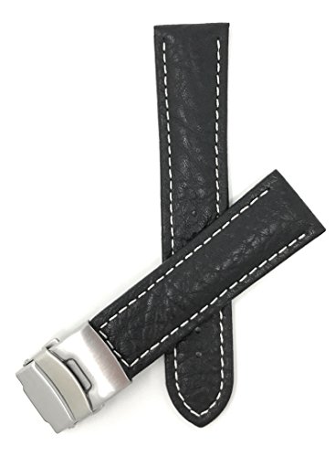 Bandini 20mm Mens Italian Leather Watch Band Strap - Black - Deployment Clasp Buckle - White Stitch