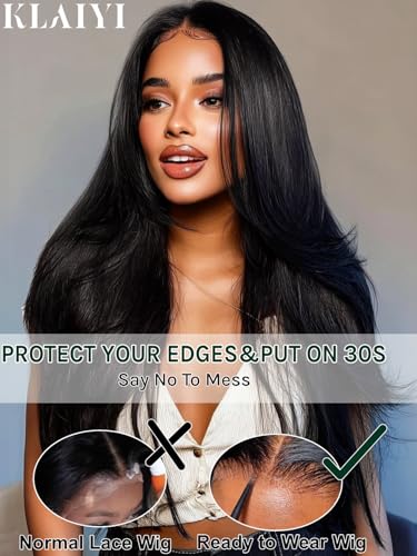 Image of KLAIYI Bye Bye Slip Yaki Straight 7X5 Pre Cut Lace Front Human Hair Wig Drawstring Glueless 30S Ready to Wear and Go Wig with Baby Hair Pre Plucked Bleached Knots Beginner Wigs for Black Women 20Inch