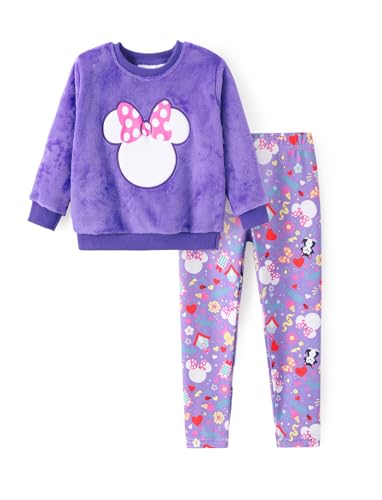 Image of Disney Minnie Mouse Toddler Girl's 2 Piece Outfits Fuzzy Fleece Pullover All-Over Print Leggings Fall Winter Set Purple 4-5T