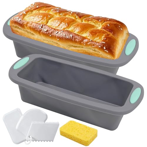 2 Stück Silikon Brotbackform - 28x12.6x6CM Antihaft Brotbackformen mit Bürste und Spachtel, Brotbackformen, Kastenbackform Backformentoast backform Kastenform Brot für Kuchen und Brote, Blauer Griff