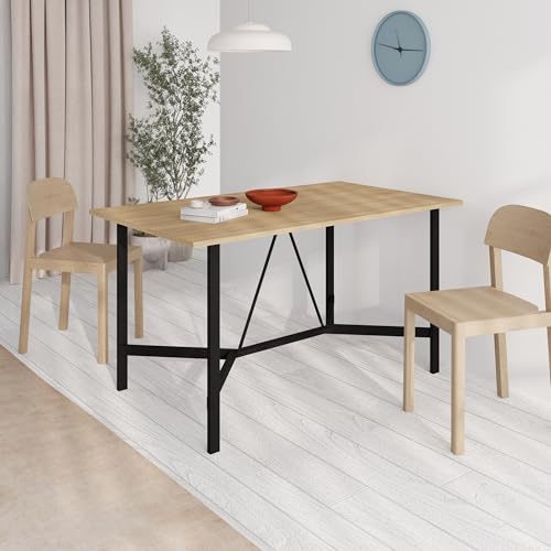 Image of HOCUS PICUS Modern Dining Table Rectangular Kitchen and Dining Room Table with Centre Sturdy Cross Metal and Legs up to 6 People, 18mm Particle Board 140(W) x80(D) cm (Oak)