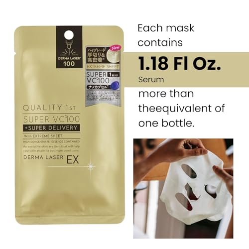 Quality 1st DERMA LASER EX Super VC 100 Mask, Adhesion Extreme Sheet Mask, Hydrating & Moisturizing Face Mask for Skincare, Facial Mask Set for Intense Nourishment (6 PCS)