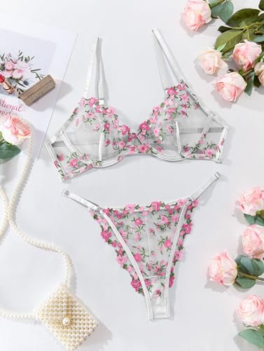 Image of Lilosy Sexy Floral Embroidered Mesh Sheer Underwire Lingerie Set
