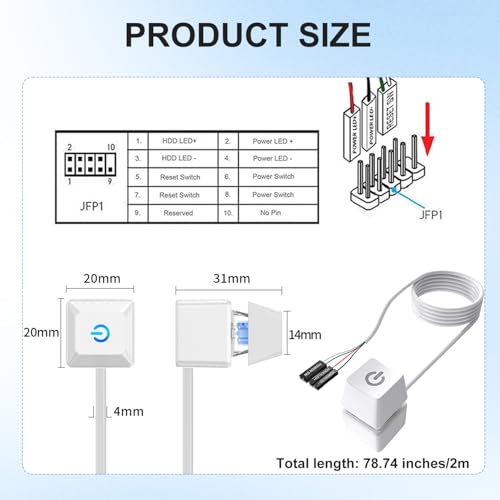 Image of TecoKart PC Power Button, 2 Meter External Desktop Computer Power Switch, CPU Power Switch, On /Off Power Supply Control Adapter Cable for PC Case, Computer Parts Accessories, White