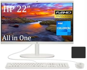 HP 22" All-in-One Desktop, FHD, Intel Celeron J4025, 8GB RAM,512GB PCIe SSD, HDMI, RJ-45, Wired Keyboard&Mouse, WiFi, Webcam, Windows 11 Home in S Mode, with Mousepad, White