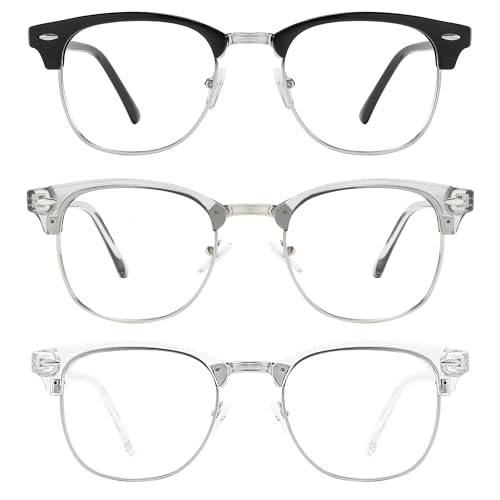 Image of Przene Blue Light Blocking Glasses for Men Women Retro Round Semi Rimless UV400 Computer Eyewear 3-Pack Black /grey /transparent