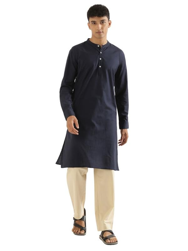 Image of SAADAA Men's Long Kurta - Linen Cotton Blend, Airy Fabric, Regular Fit, Mandarin Collar, Solid Color - Casual, Festive & Ethnic Wear