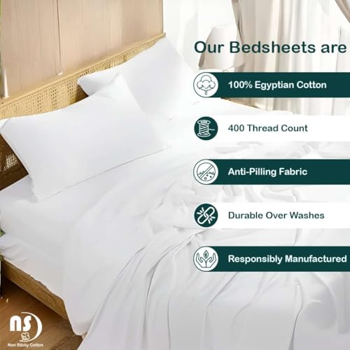Image of NON Sticky cotton Premium 4 Piece Egyptian Cotton Fitted Queen Sheet Set, Hotel Quality Soft Breathable Bedding Sheets, 18 inch Deep Pocket, 60 inch X 80 inch, White Solid