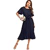 Milumia Women's Elegant Belted Pleated Flounce Sleeve Long Dress Navy Blue Large