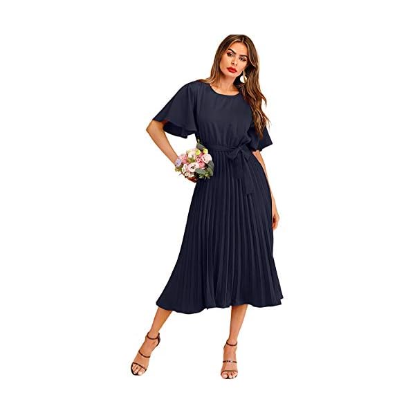Milumia Women's Elegant Belted Pleated Flounce Sleeve Long Dress Navy Blue Large