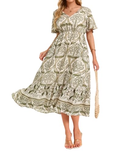 Image of Women's Summer Short Sleeve Maxi Floral Flowy Dresses with Pockets