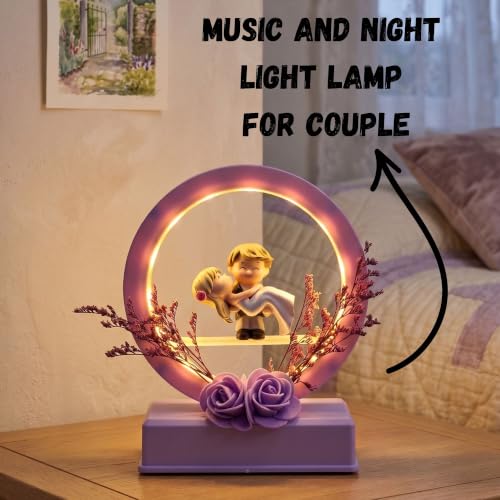 Image of Romantic Couple LED Night Lamp with Miniature Bride & Groom Figurine | Decorative Ring Light Table Lamp with Floral Base Gift for Couples, Wedding Gift, Valentine's Day Gift