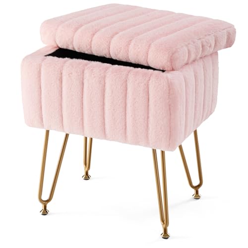 Sweetcrispy Vanity Stool Chair with Storage, 18.9”H x 16”L x 12.2”W Ottoman Chair Faux Fur Soft Padded Makeup Footstools Seat with 4 Metal Legs Anti-Slip Adjustable Feet for Make Up, Pink