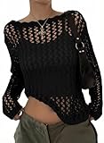 EVALESS Womens Fashion Spring Tops Resort Wear for Women 2026 Long Sleeve Summer Sweaters Crochet Hollow Out Top Lightweight Vacation Outfits Sexy Off The Shoulder Womens Clothes Black Shirts, Medium