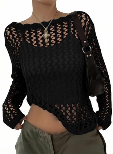 EVALESS Womens Fashion Spring Tops Resort Wear for Women 2026 Long Sleeve Summer Sweaters Crochet Hollow Out Top Lightweight Vacation Outfits Sexy Off The Shoulder Womens Clothes Black Shirts, Medium