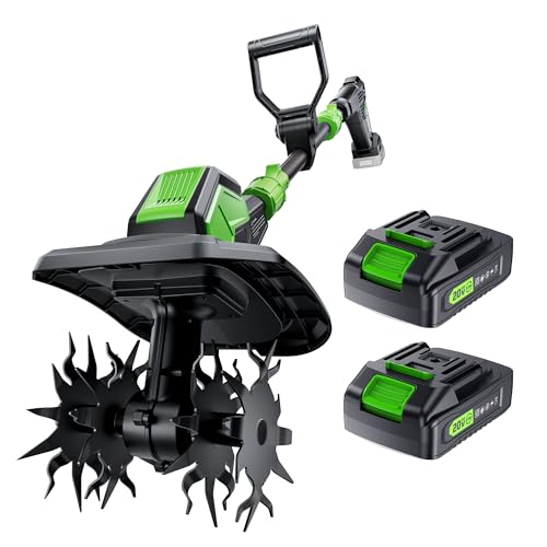 20V Cordless Tiller for Gardening, Electric Garden Tiller with 2 * 2.0Ah Batteries, 9