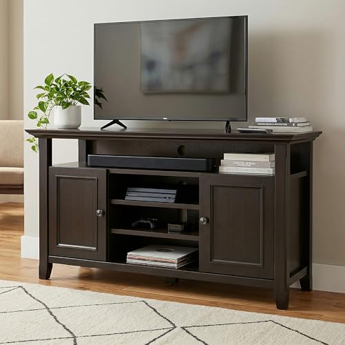 Image of SIMPLIHOME Amherst 54 inch Wide Solid Wood TV Stand in Hickory Brown