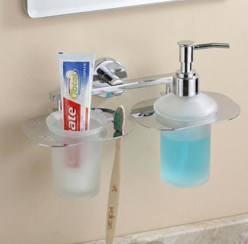 Image of Stainless Steel Toothbrush Holder with Glass Tumbler & Liquid Soap Dispenser Set - Wall Mounted 2-in-1 Bathroom Organizer, Chrome Finish (Square /Frosted Glass) (E 3712)