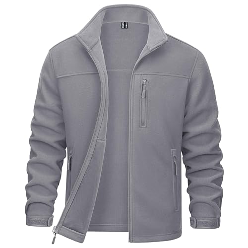 TACVASEN Herren Sport Fleecejacke Winddichte Warme Winter Fleece Jacke mit Taschen (L, Hellgrau)