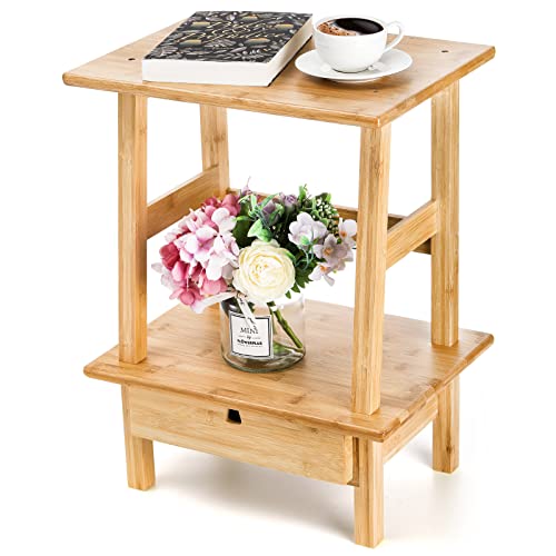 Yarlung Stackable 2 Tier Side Table, 21 Inch Tall End Table With Storage Drawer, Bamboo Nightstand Bedside Table For Small Space Shelf, Living Room, Bedroom, Office, Easy Assembly #TOP23