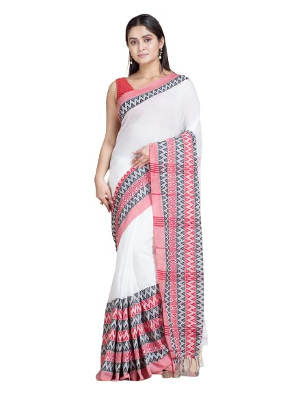 S.K. House Women's Traditional Bengal Begampuri Cotton Handloom Saree, (SKH_White_048)