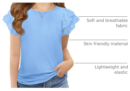 Image of Haloumoning Girls Ruffle Sleeve T Shirts Summer Short Sleeve Casual Cute Crewneck Tops Tees 5-14 Years