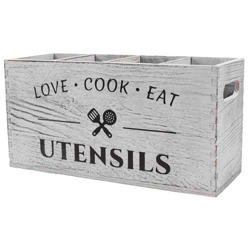 UKCOCO Caja de Almacenamiento de Madera con Asa Organizador de Utensilios de Cocina con Divisores Extraíbles Casa y Menaje de Cocina y Funcional