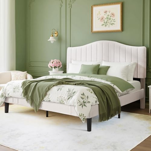 VECELO Queen Size Bed Frame Upholstered Platform Beds with Height-Adjustable Teddy Fabric Headboard, Strong Wood Slats 7.9'' Under Bed Storage Space Noise-Free No Box Spring Needed, Beige - Thumbnail 3
