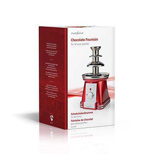 Foto von Nedis Schokoladenbrunnen – Im Retro-Design aus Kunststoff und Edelstahl mit 3 Ebenen – Spülmaschinenfest – 40 cm Durchmesser – Rot-Weiß