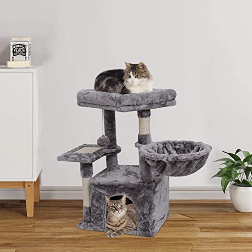 Syandlvy Cat Tree For Indoor Cats, Activity Tower With Scratching Posts & Board, Modern Kitten Condo With Plush Perch, Hammock & Hanging Ball For Play (Light Grey) #TOP3