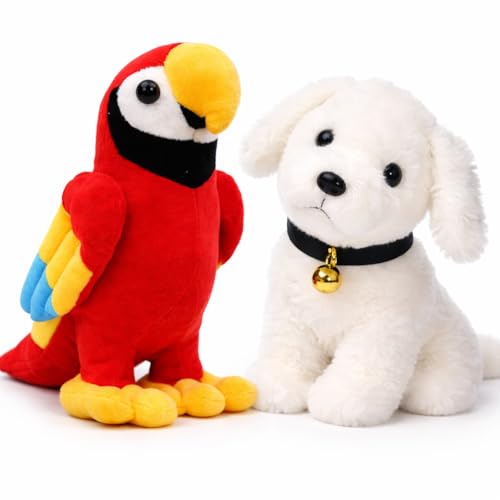 Image of Dog & Parrot Soft Toy Combo for Kids | Plush Stuffed Animal Toys Set | Soft & Safe for Babies for Boys & Girls (White Dog & red Parrot) (red White dp)